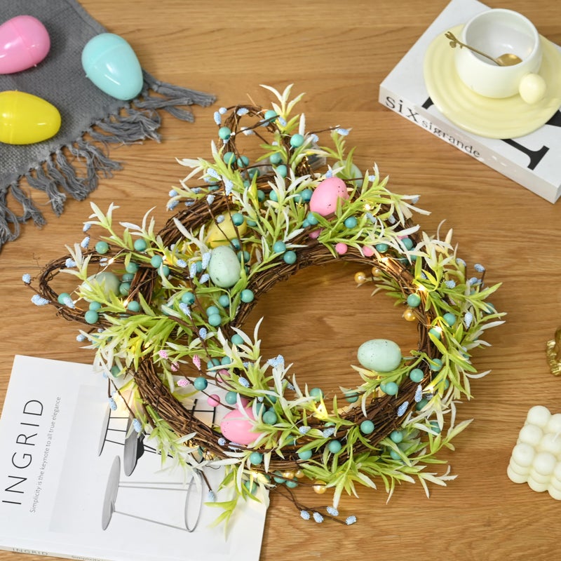 AOMOONOA [Timer] Easter Bunny Wreath for Front Door, Lighted Easter Wreaths with 30 LED Warm Lights, Foldable Bunny Wreaths, Pre-Lit Easter Egg Wreath for Spring Decor - Image 4