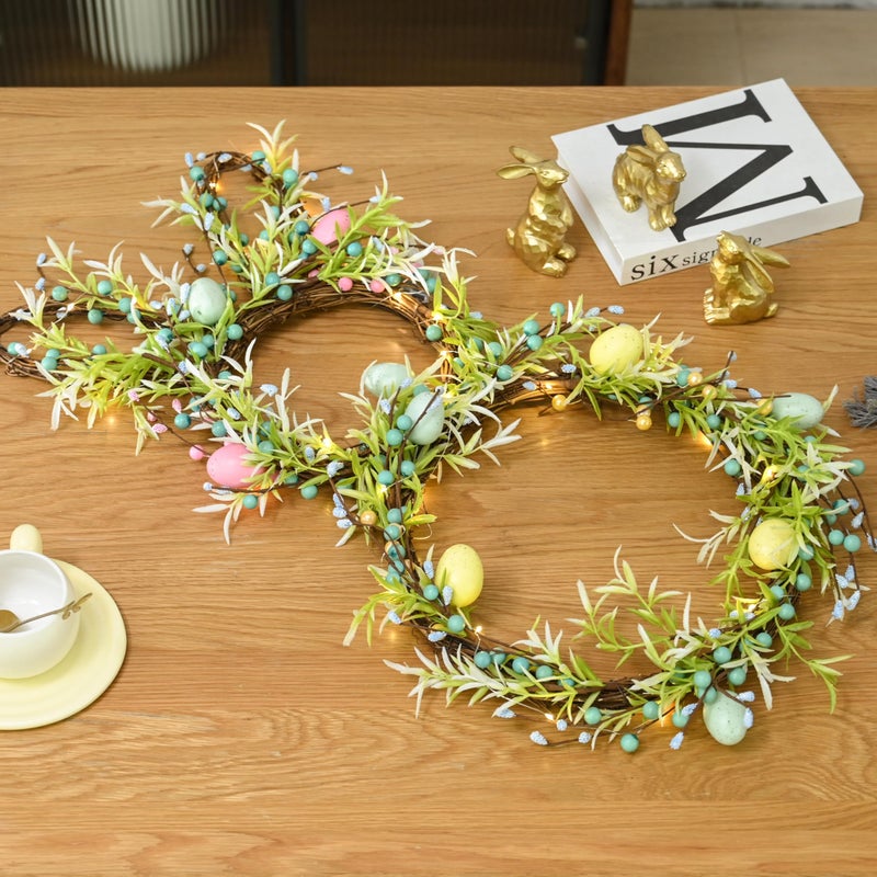 AOMOONOA [Timer] Easter Bunny Wreath for Front Door, Lighted Easter Wreaths with 30 LED Warm Lights, Foldable Bunny Wreaths, Pre-Lit Easter Egg Wreath for Spring Decor - Image 3