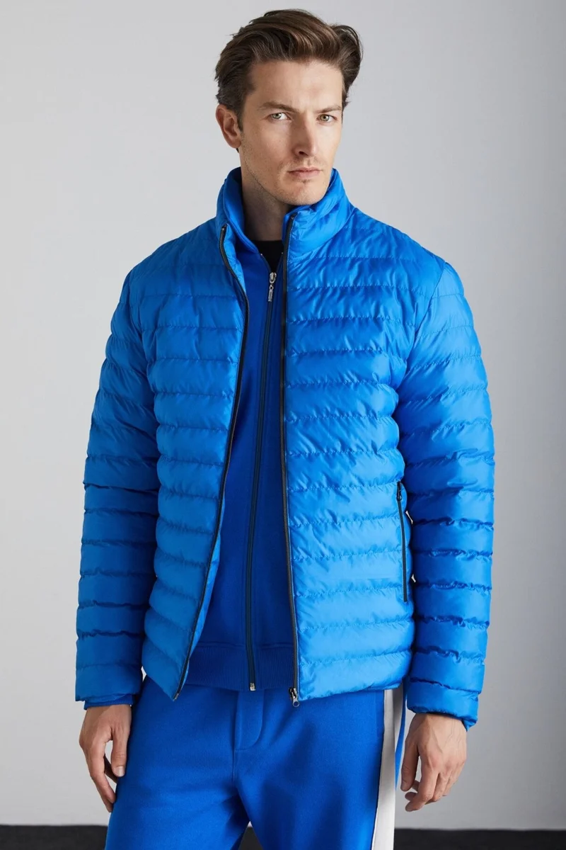 جريميلانج Alaska Men's Microfiber Winter Warm Stand Collar Regular Lined Zippered Dark Blue Coat