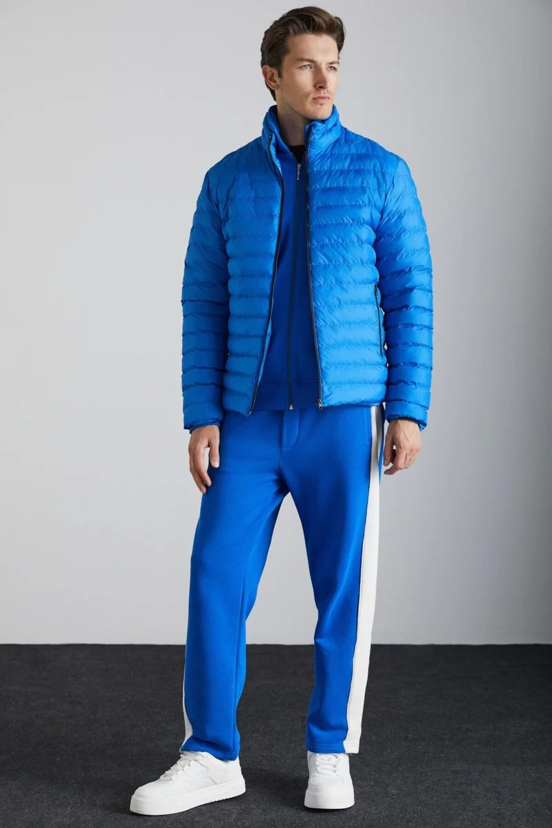 جريميلانج Alaska Men's Microfiber Winter Warm Stand Collar Regular Lined Zippered Dark Blue Coat