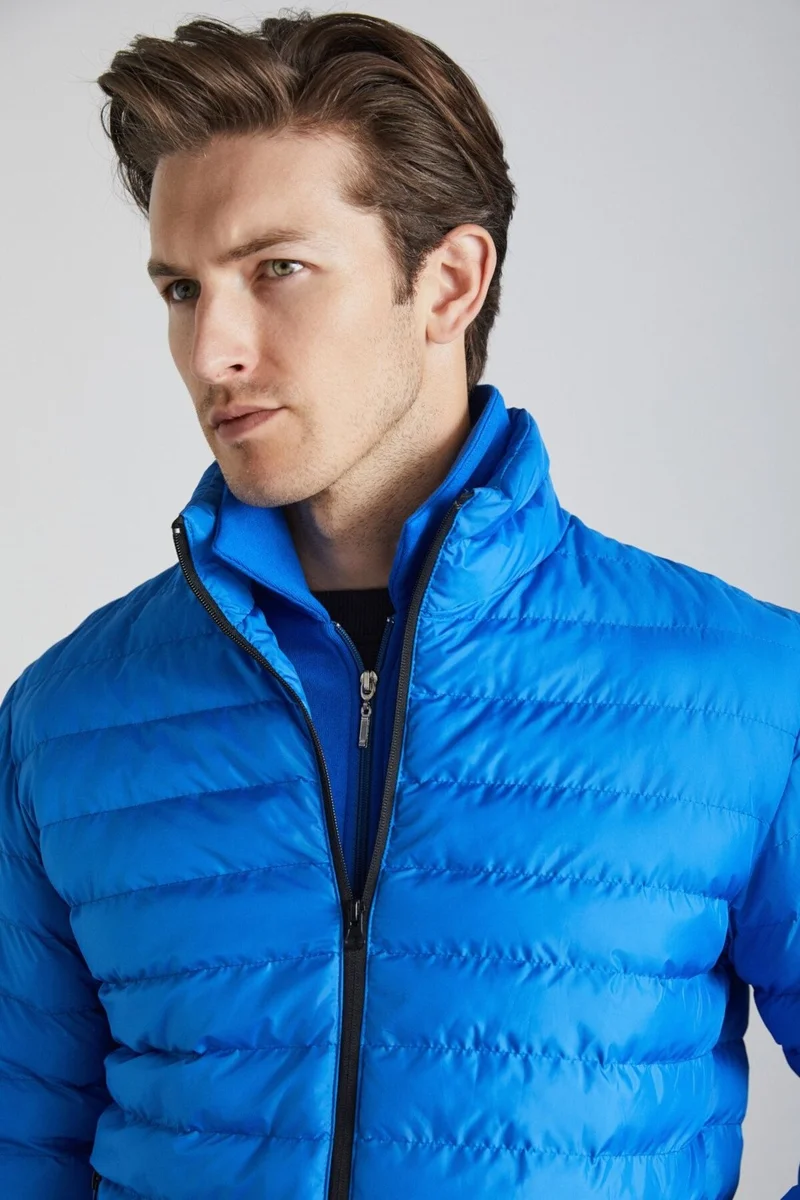 جريميلانج Alaska Men's Microfiber Winter Warm Stand Collar Regular Lined Zippered Dark Blue Coat