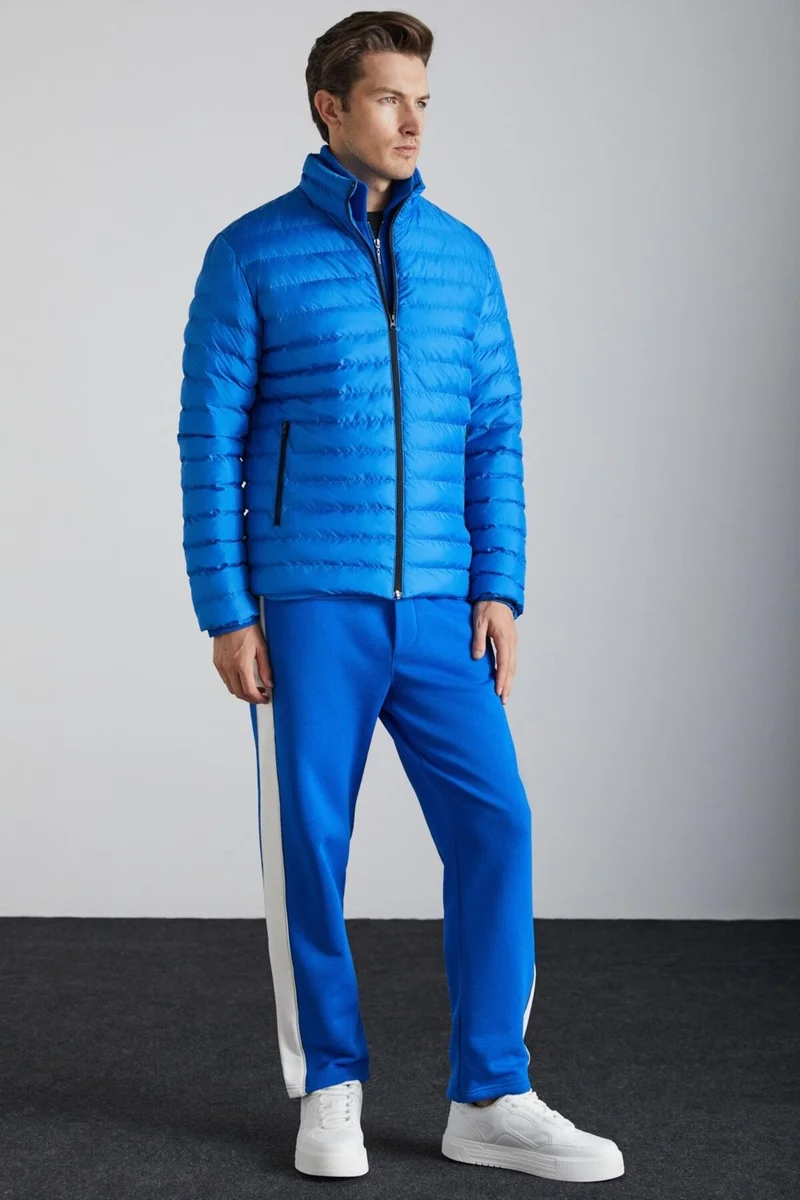 جريميلانج Alaska Men's Microfiber Winter Warm Stand Collar Regular Lined Zippered Dark Blue Coat