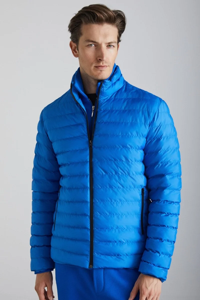جريميلانج Alaska Men's Microfiber Winter Warm Stand Collar Regular Lined Zippered Dark Blue Coat