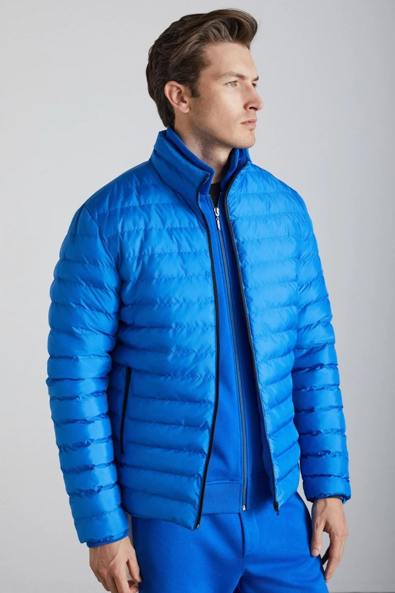 جريميلانج Alaska Men's Microfiber Winter Warm Stand Collar Regular Lined Zippered Dark Blue Coat