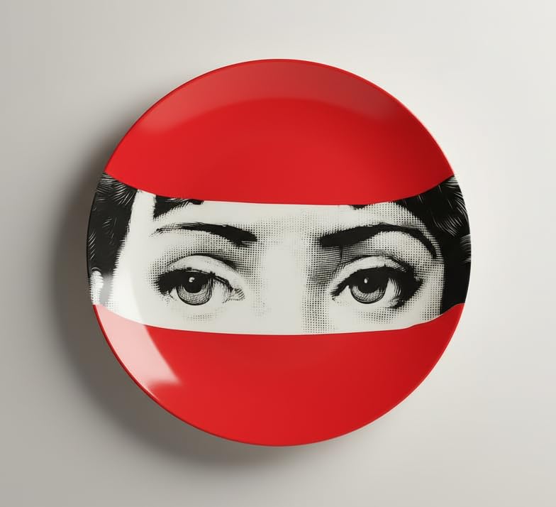AlphaDesignLuxe 8 Ceramic Decorative Wall Plate Red Portrait ItalianStyle Modern Art Design Elegant Tabletop or Wall Dcor Accent GiftReady with Hanging Hook Wooden Stand Hidden Gaze - Image 1