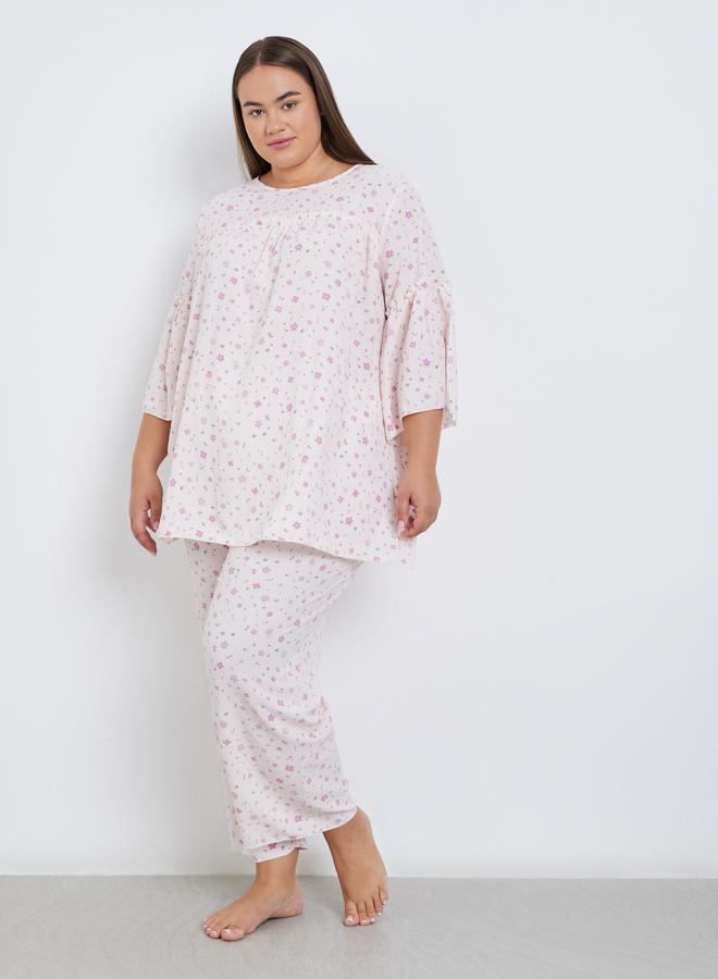 Styli Plus Ditsy Print Top and Pyjama Set - Image 1