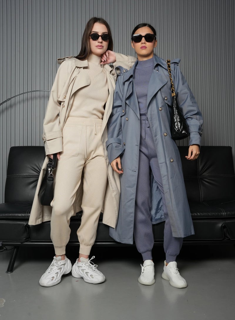 Andy Stylish Double-Breasted Trench Coat with Belted Waist and Shoulder Epaulettes - Modern and Sophisticated | Grayish Blue - Image 1