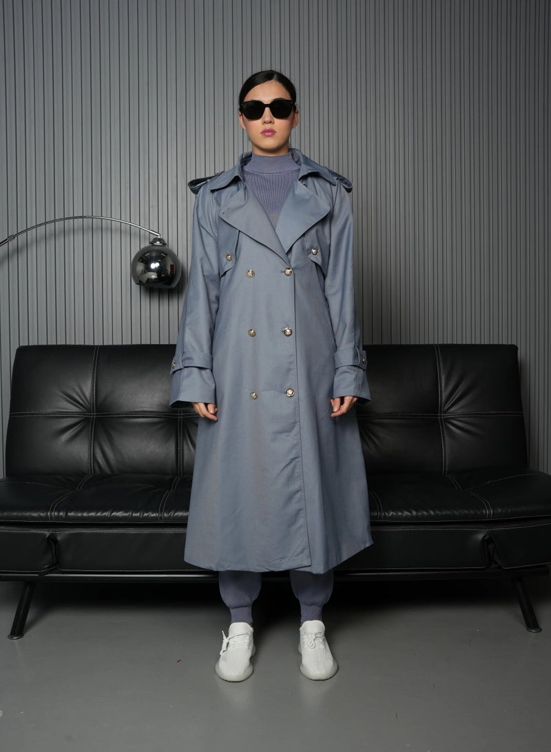 Andy Stylish Double-Breasted Trench Coat with Belted Waist and Shoulder Epaulettes - Modern and Sophisticated | Grayish Blue - Image 2