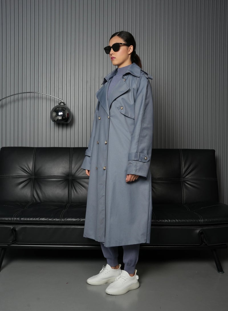 Andy Stylish Double-Breasted Trench Coat with Belted Waist and Shoulder Epaulettes - Modern and Sophisticated | Grayish Blue - Image 3