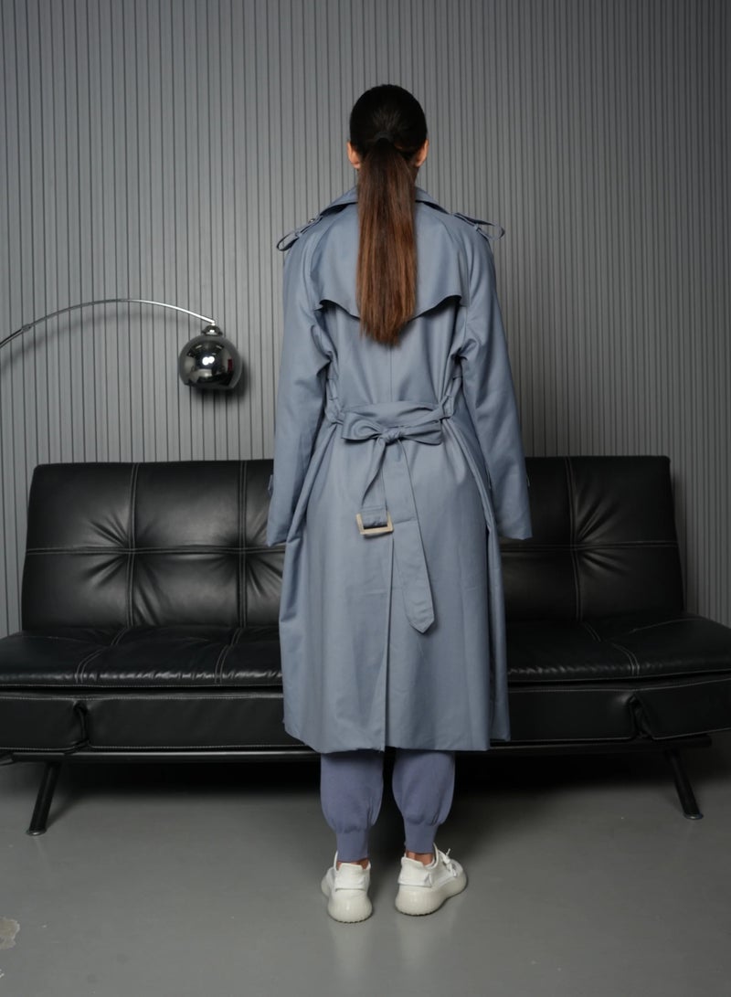 Andy Stylish Double-Breasted Trench Coat with Belted Waist and Shoulder Epaulettes - Modern and Sophisticated | Grayish Blue - Image 4