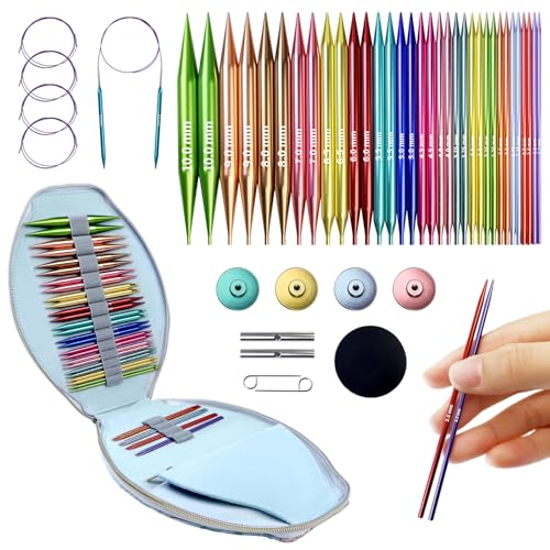 Lewhoo Circular Knitting Needles Set, 17 Size Interchangeable Aluminum Knitting Needle with 4 Cables ＆ Bag Multicolored-1 2.2~10.0mm - Image 1