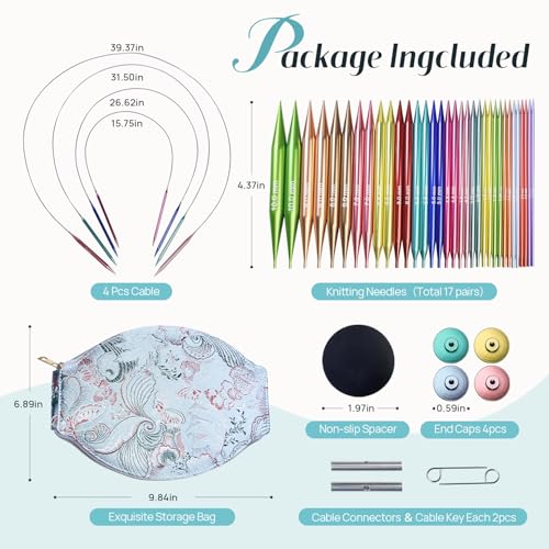 Lewhoo Circular Knitting Needles Set, 17 Size Interchangeable Aluminum Knitting Needle with 4 Cables ＆ Bag Multicolored-1 2.2~10.0mm - Image 2