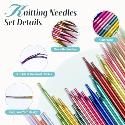 Lewhoo Circular Knitting Needles Set, 17 Size Interchangeable Aluminum Knitting Needle with 4 Cables ＆ Bag Multicolored-1 2.2~10.0mm - Image 3