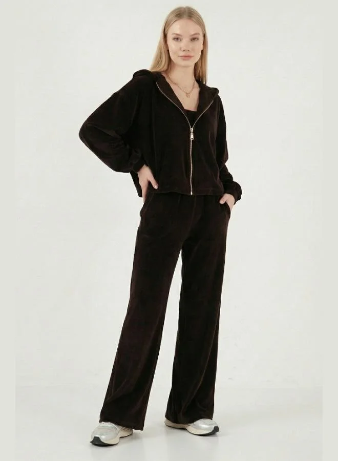 Lela Lela Cotton Regular Fit Hooded Velvet Textured 3-Piece Set for Women SET 6830097