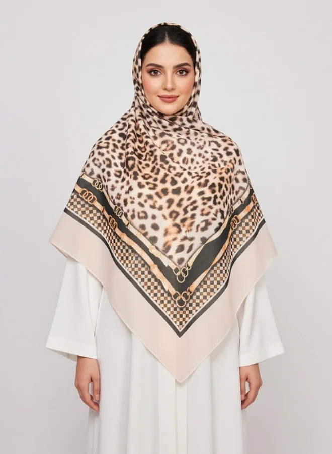 lamha abaya Chiffon Scarf – Leopard Print with Elegant Classic Border