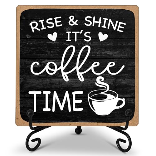 YQV Farmhouse Coffee Bar Sign, Rise & Shine It's Coffee Time, 5"x5" Wood Plaque with Stand Gift for Home Kitchen Tabletop Decor -B09 - Image 1