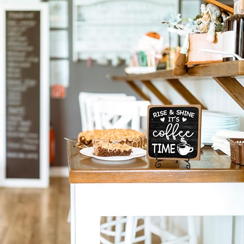 YQV Farmhouse Coffee Bar Sign, Rise & Shine It's Coffee Time, 5"x5" Wood Plaque with Stand Gift for Home Kitchen Tabletop Decor -B09 - Image 4
