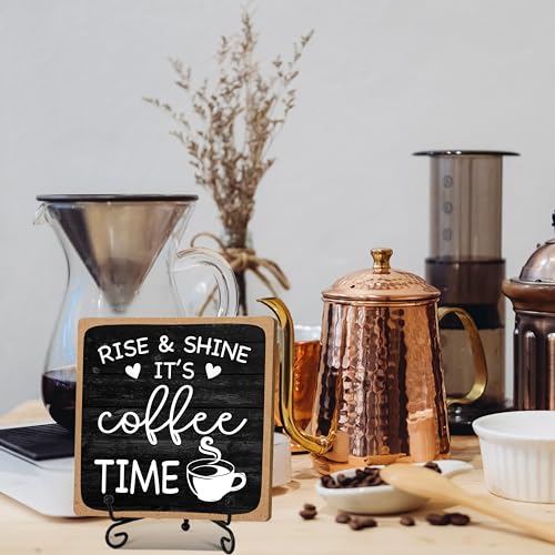 YQV Farmhouse Coffee Bar Sign, Rise & Shine It's Coffee Time, 5"x5" Wood Plaque with Stand Gift for Home Kitchen Tabletop Decor -B09 - Image 3