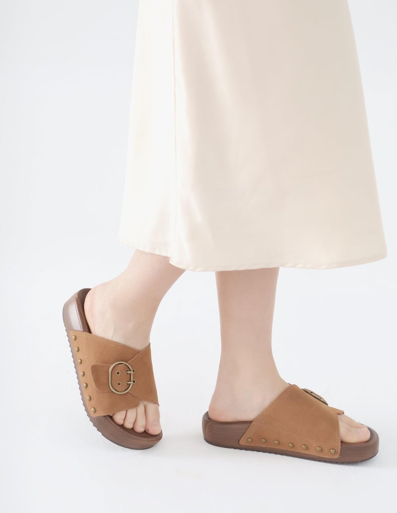UBFEN Womens Slides Platform Sandals - Genuine Leather, Arch Support Comfortable Buckle Sandals for Walking Orange Size US 9 - Image 2