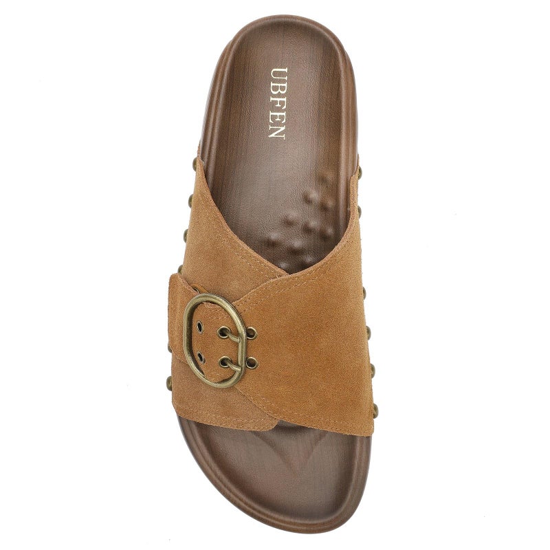 UBFEN Womens Slides Platform Sandals - Genuine Leather, Arch Support Comfortable Buckle Sandals for Walking Orange Size US 9 - Image 5