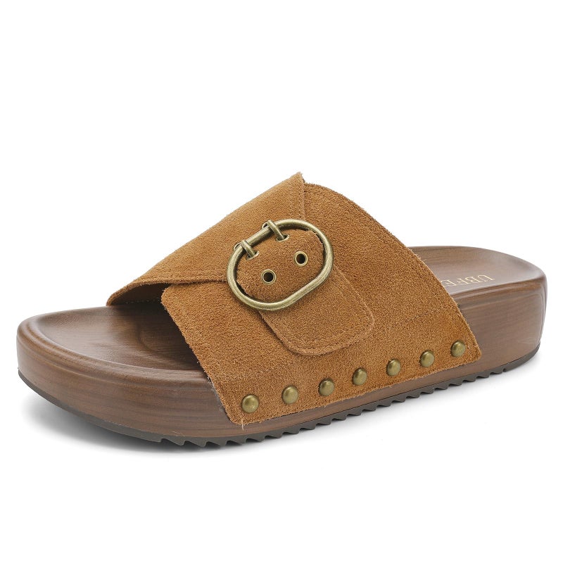 UBFEN Womens Slides Platform Sandals - Genuine Leather, Arch Support Comfortable Buckle Sandals for Walking Orange Size US 9 - Image 1