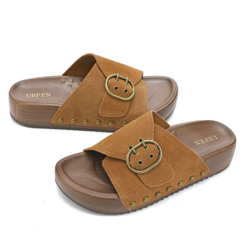 UBFEN Womens Slides Platform Sandals - Genuine Leather, Arch Support Comfortable Buckle Sandals for Walking Orange Size US 9 - Image 3