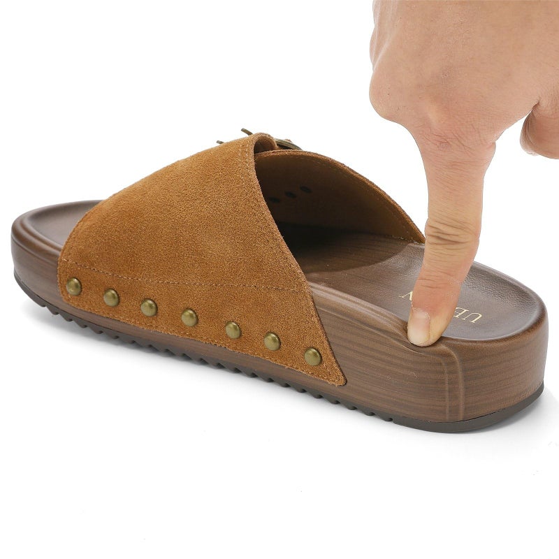 UBFEN Womens Slides Platform Sandals - Genuine Leather, Arch Support Comfortable Buckle Sandals for Walking Orange Size US 9 - Image 4