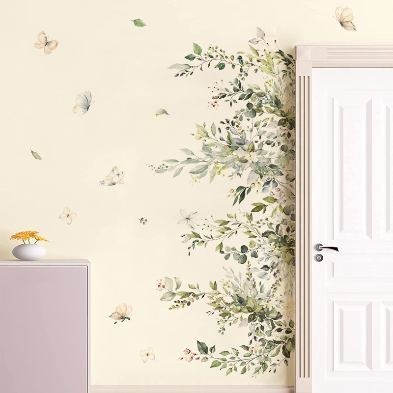 Supzone Hanging Green Leaves Wall Decals - Watercolor Plants Stickers, Large Floral Butterfly Decor, DIY Vinyl Mural Art for Bedroom, Living Room, Offices, Sofa, TV Backdrop - Image 3