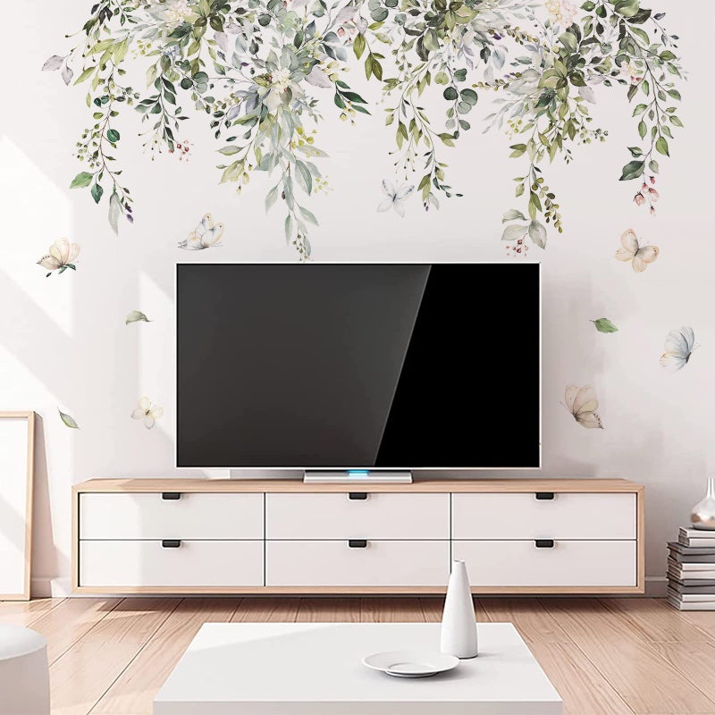 Supzone Hanging Green Leaves Wall Decals - Watercolor Plants Stickers, Large Floral Butterfly Decor, DIY Vinyl Mural Art for Bedroom, Living Room, Offices, Sofa, TV Backdrop - Image 2