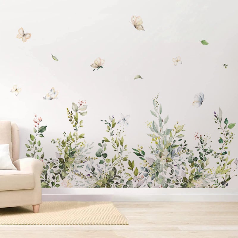 Supzone Hanging Green Leaves Wall Decals - Watercolor Plants Stickers, Large Floral Butterfly Decor, DIY Vinyl Mural Art for Bedroom, Living Room, Offices, Sofa, TV Backdrop - Image 4
