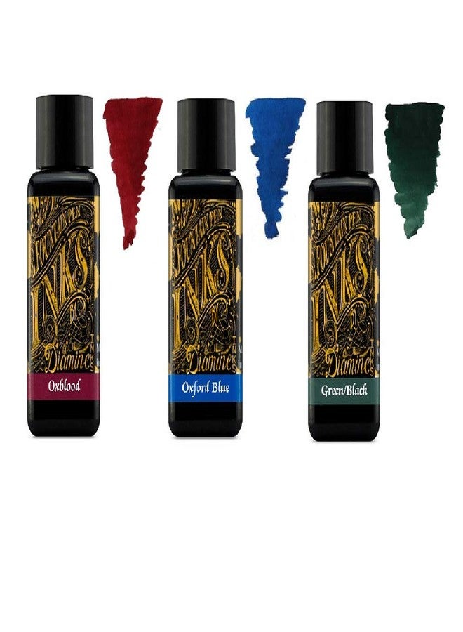 Diamine Fountain Pen Ink 30ml Primary Color - 3 x Bottles - Oxblood & Oxford Blue & Green Black - Image 1