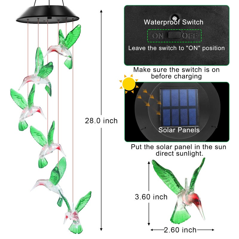 WENANA Solar Wind Chimes Outdoor Color Changing Lights, Gift for Women Mom Grandma Sister Best Gifts, Wind Chimes Unique Outdoor Garden Yard Decor (Green Hummingbird) - Image 2