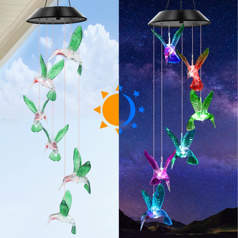 WENANA Solar Wind Chimes Outdoor Color Changing Lights, Gift for Women Mom Grandma Sister Best Gifts, Wind Chimes Unique Outdoor Garden Yard Decor (Green Hummingbird) - Image 3
