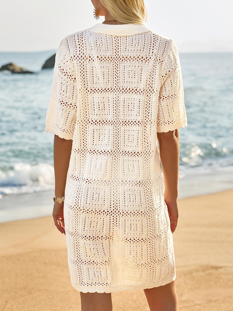 Saodimallsu Womens Crochet Swimsuit Cover Up Dress Short Sleeve Button V Neck Knit Summer Beach Vacation Outfits Beige - Image 5