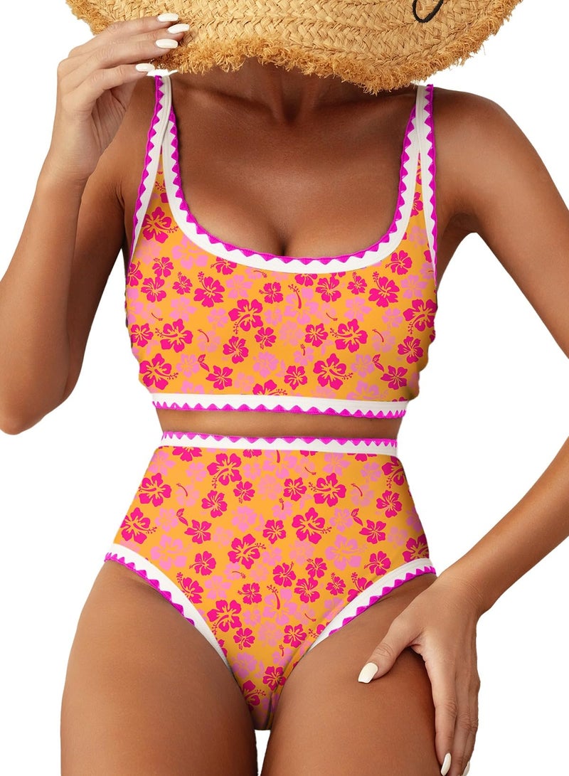 Herseas 2 Piece Bikini Sets for Women Contrast Binding Cute Floral Swim Suits 2026 Tummy Control Bikini Bottom Scoop Top Bathing Suits Cruise Travel Outfits Swimwear Bright Orange Medium - Image 1