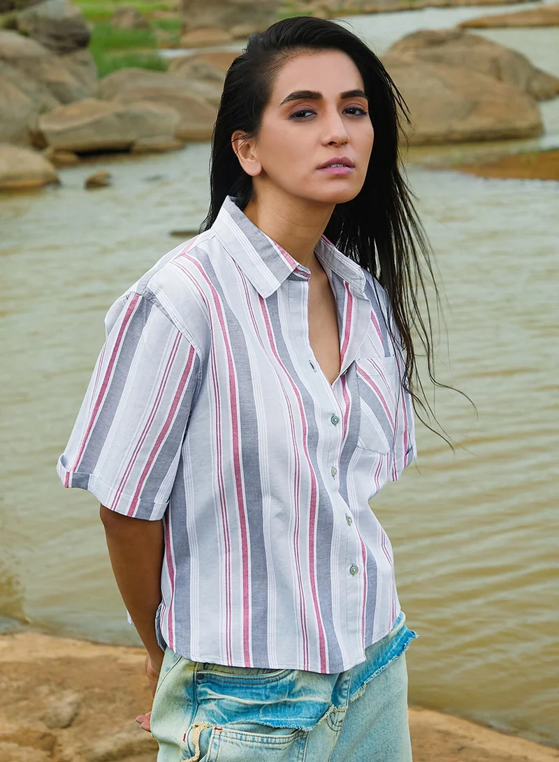 PINACOLADA  Women's Moon Grey & Brick Red Striped Boxy Shirt for Women | Best Price UAE