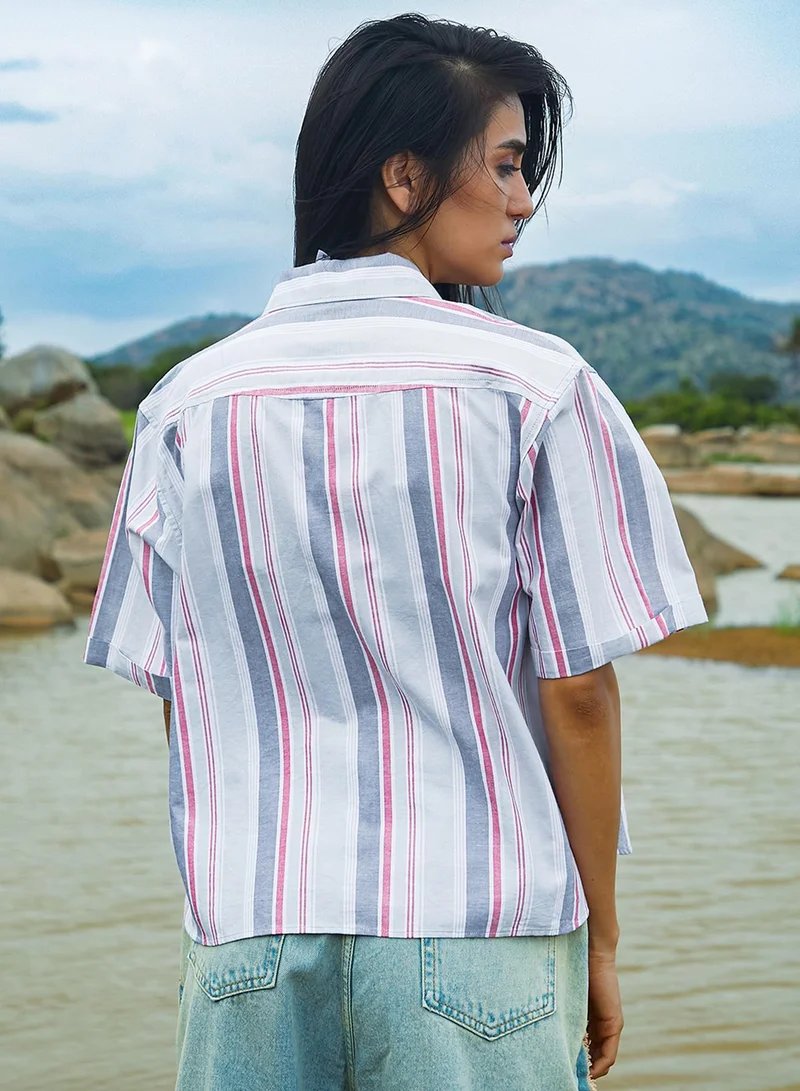 PINACOLADA  Women's Moon Grey & Brick Red Striped Boxy Shirt for Women | Best Price UAE