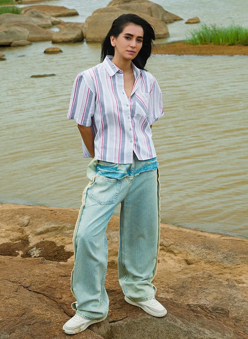 PINACOLADA  Women's Moon Grey & Brick Red Striped Boxy Shirt for Women | Best Price UAE