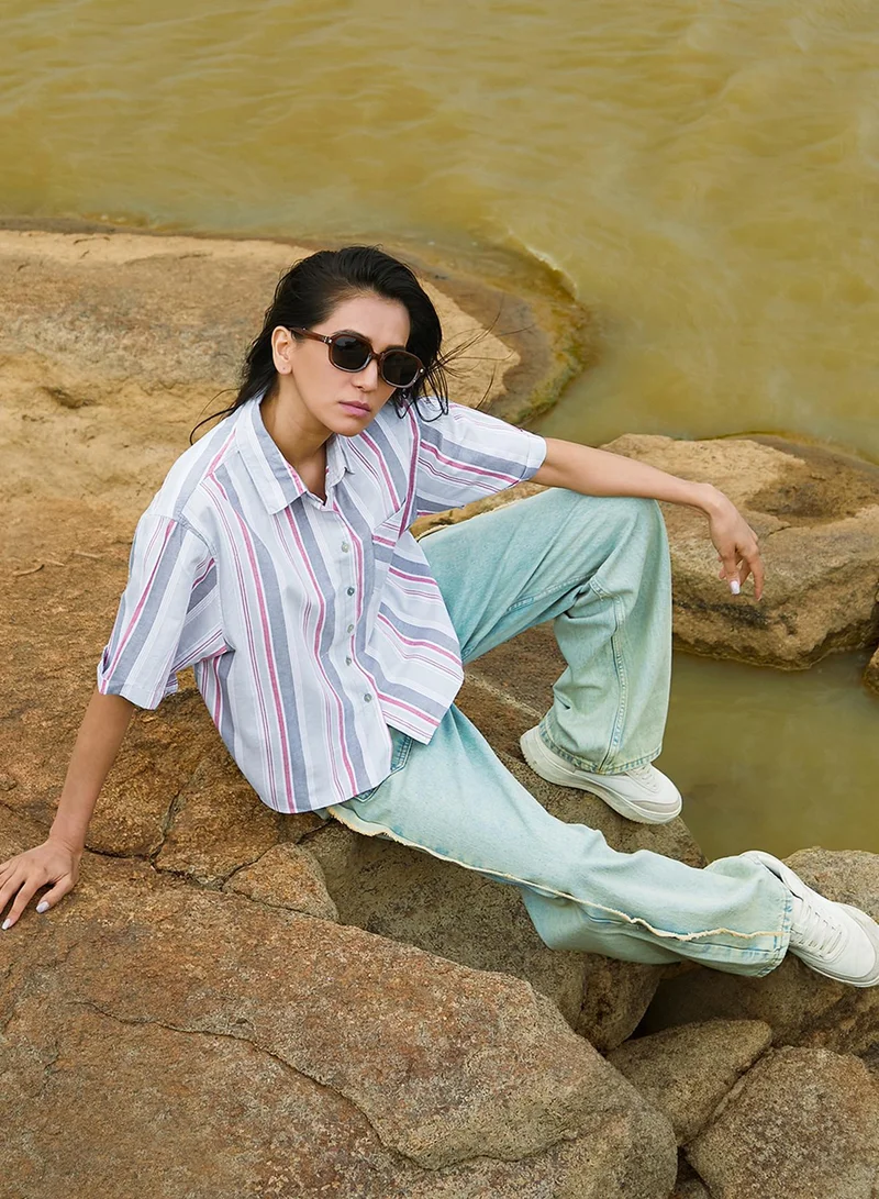 PINACOLADA  Women's Moon Grey & Brick Red Striped Boxy Shirt for Women | Best Price UAE