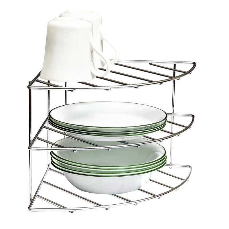 Amtido 3Tier Plate Rack Kitchen Cupboard Organiser  Chrome Corner Shelf Plate Organiser for Bowls Mugs Pans Dishes  Metal Dish Rack for Pantry Countertop Cabinet and Kitchen Shelf
