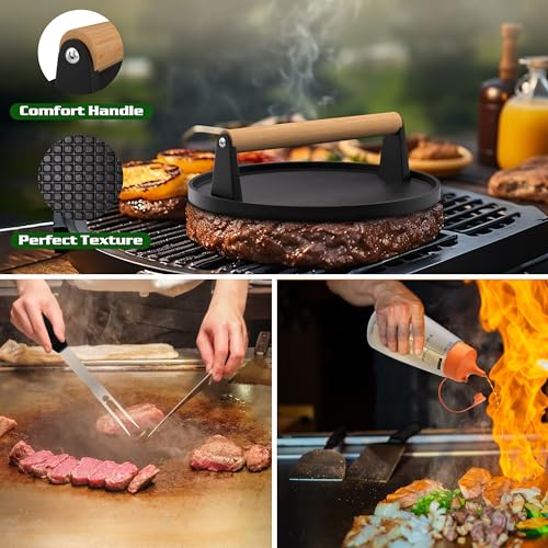Furnhome 134 قطعة مجموعة ملحقات الشواية ل بلاكستون - ملحقات الشواية المسطحة المثالية في الهواء الطلق، قبة ذوبان دائرية احترافية مع مكبس برجر من الحديد الزهر للشواء. - Image 3