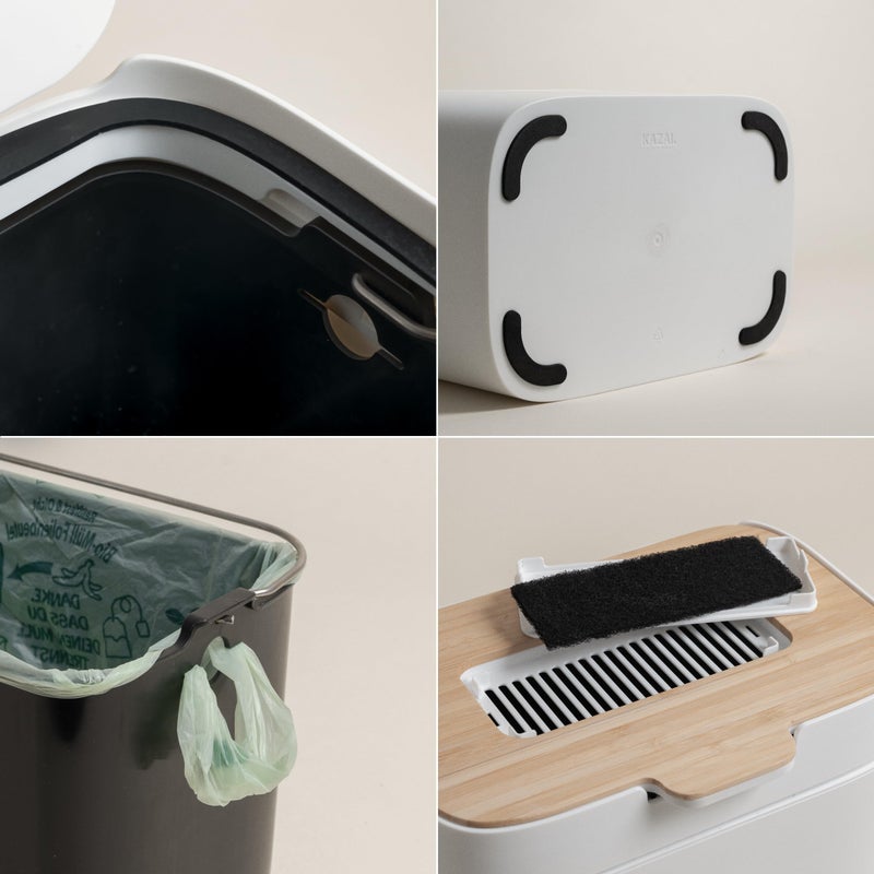 Kazai. Compost Bin Kitchen 'Elin' | 1.2 Gal / 4.5L Countertop Compost Bin With Wooden Lid & Filter | Odor-Free  Dishwasher Safe  With Inner Bucket | Small Indoor Kitchen Composter | Off-White/Bamboo - Image 5