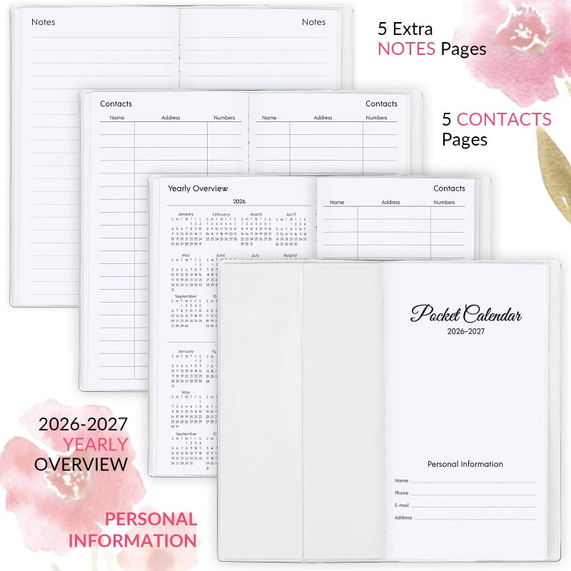 Zuozee Pocket Calendar 2026-2027, Floral Pocket Calendar -3.7" x 6.7" - Runs from January 2026 until December 2027, Calendar Planner for Purse with PVC Cover for Planning, Organizing and Office - Image 3