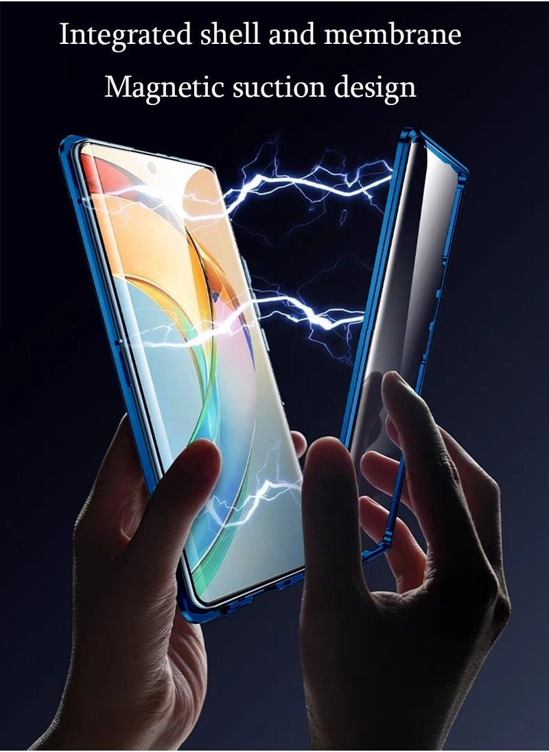 X-level Case for HONOR X9b 5G, Ultra-thin Anti-drop Mobile Phone Case, Transparent Double-sided Glass Flip Shell Metal Magnetic Suction Protective Cover for HONOR X9b 5G (Blue)  - Image 4
