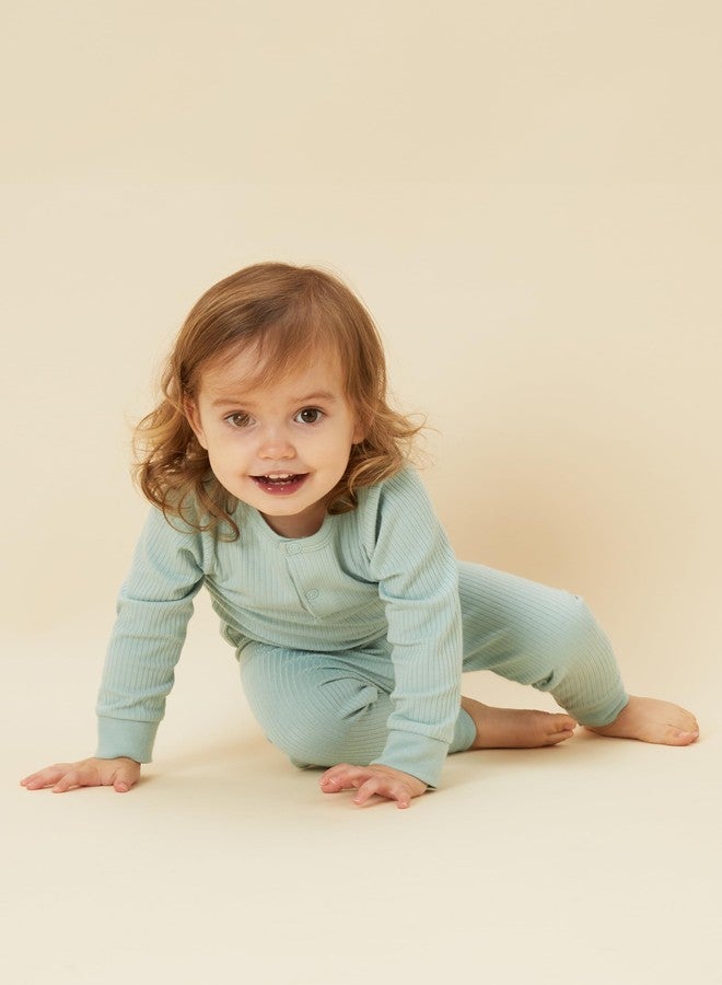 MORI Baby Unisex Pajama Set in Ribbed Mint - Viscose from Bamboo - Front Popper Top and Elastic Waist Bottoms - Two Piece Sleepwear - 0-3 Months - Image 2
