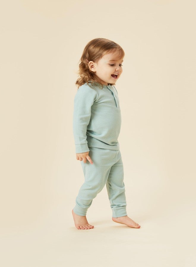 MORI Baby Unisex Pajama Set in Ribbed Mint - Viscose from Bamboo - Front Popper Top and Elastic Waist Bottoms - Two Piece Sleepwear - 0-3 Months - Image 3