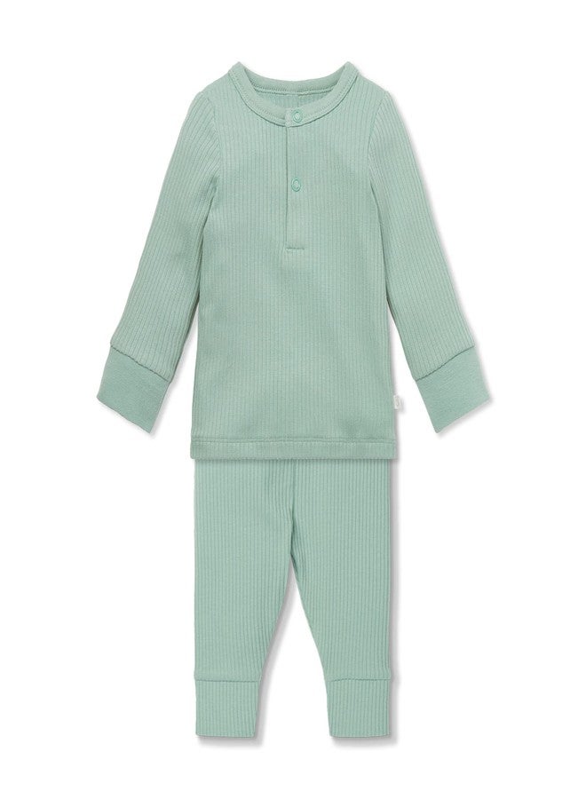 MORI Baby Unisex Pajama Set in Ribbed Mint - Viscose from Bamboo - Front Popper Top and Elastic Waist Bottoms - Two Piece Sleepwear - 0-3 Months - Image 1