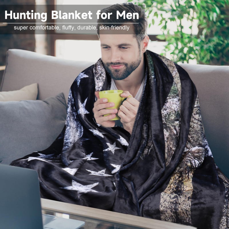 NHBTGSF MEN CAMO DEER BLANTY HUNTING BLANTY DEER HOME HOME FOR MEN CAMOUFLAGE USA FLAG FLANNEL FLANNEL THREAM FOR MENTING REAKENT FOR ROOM BED SOFA 50 "× 60" " - Image 2