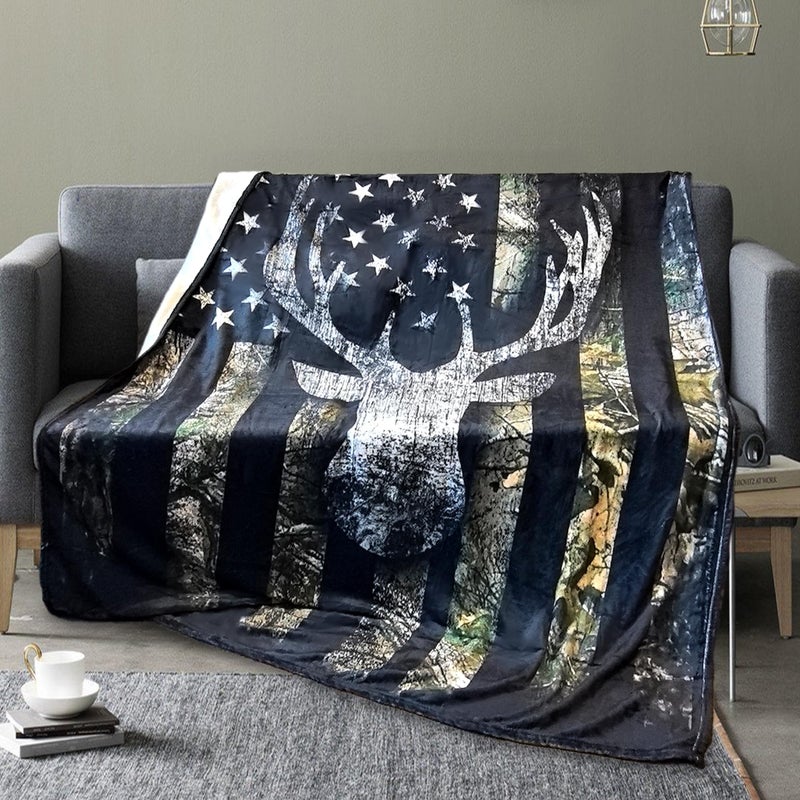 NHBTGSF MEN CAMO DEER BLANTY HUNTING BLANTY DEER HOME HOME FOR MEN CAMOUFLAGE USA FLAG FLANNEL FLANNEL THREAM FOR MENTING REAKENT FOR ROOM BED SOFA 50 "× 60" " - Image 1