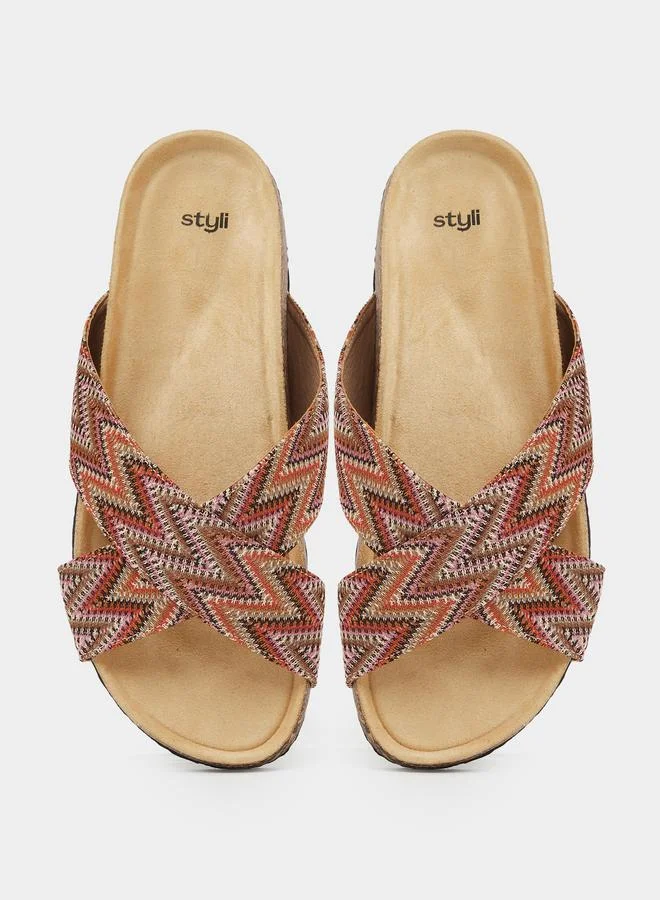 Styli Multi Geometric Cross Strap Flat Sandals for Women | Best Price UAE